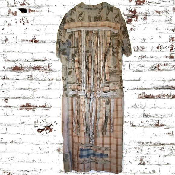 Upcycled patched over dyed fringe back sportsmen’s fish print plaid duster shirt